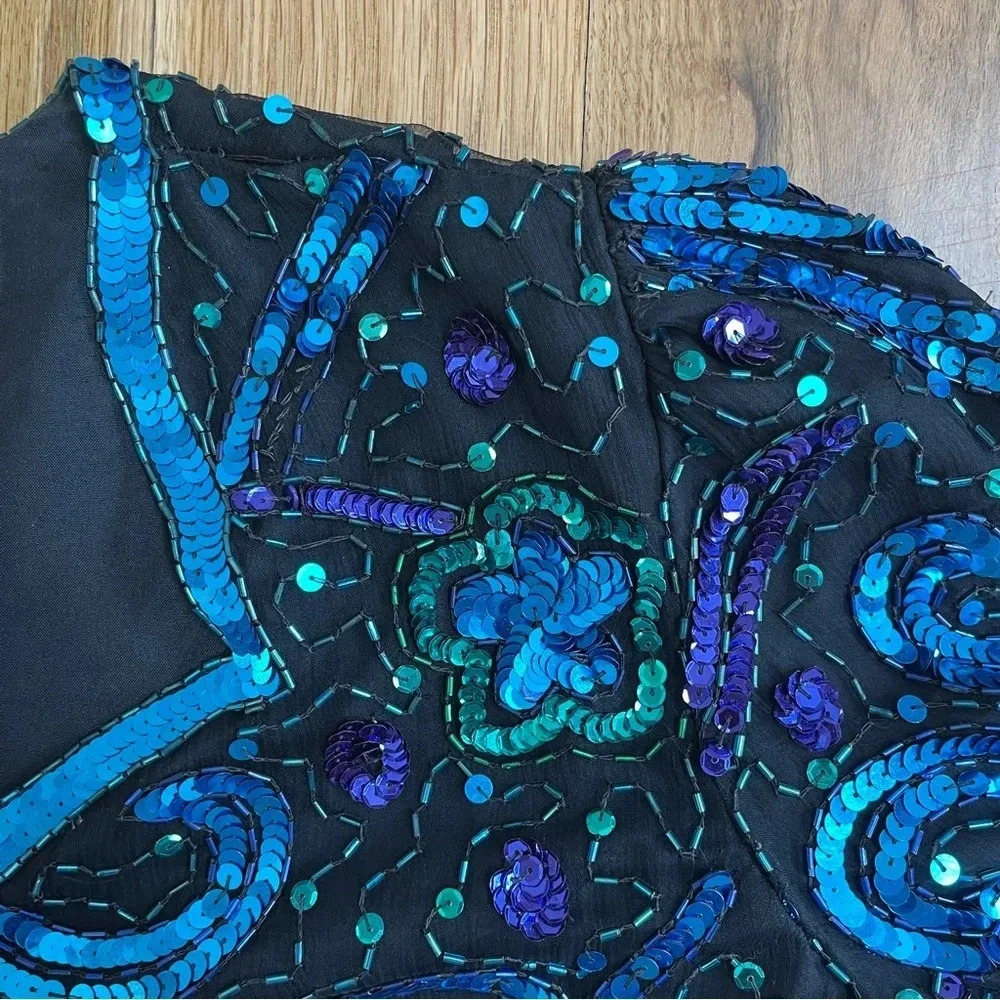 Vintage 80s Laurence Kazar hand-beaded sequin top, size petite Large; 100% silk - Picture 6 of 11